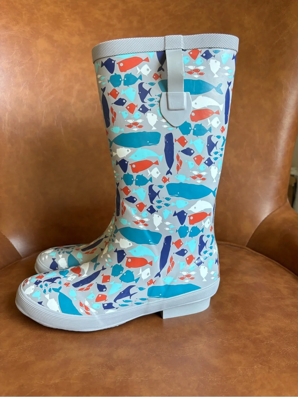 LL Bean Kids Wellie Rain boots Gray Fish Whale Print Waterproof Marine Size 6